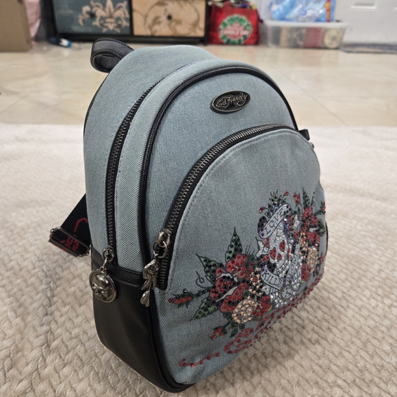 Ed Hardy Handbags - Ed Hardy Mini Blue Denim Back Pack Love Kills Slowly Skull Y2K NWT